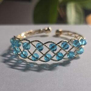 14k Gold Plated Blue Crystal Open Cuff Bracelet - Women Jewelry